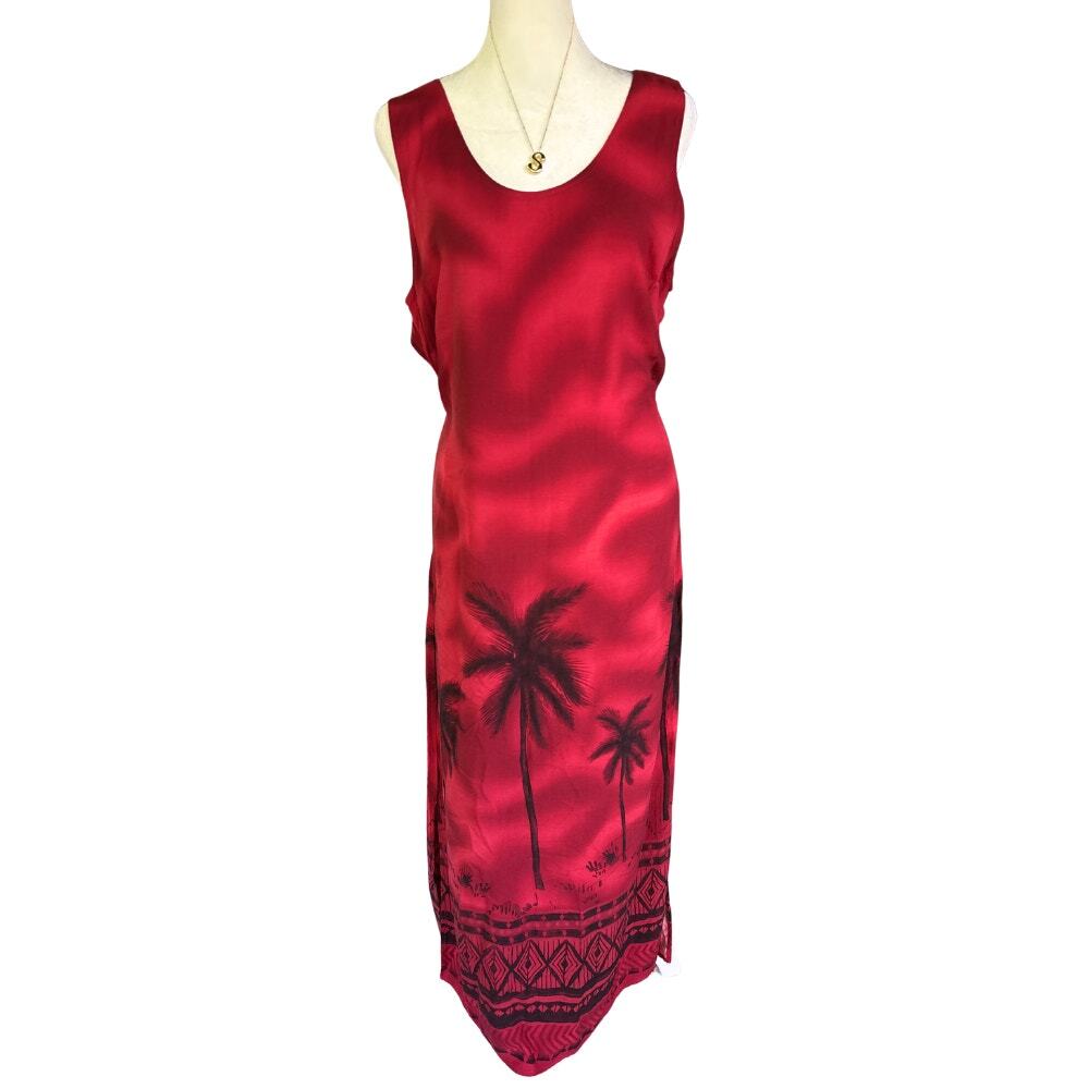 Vintage R&K Originals Palm Tree Border Print Slip Midi Dress Red Satin Size 14